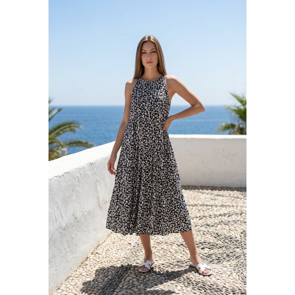 HAEOF Daisy Print Floral Midi Shift Dress Medium High Neck Beachy Boho Cottage